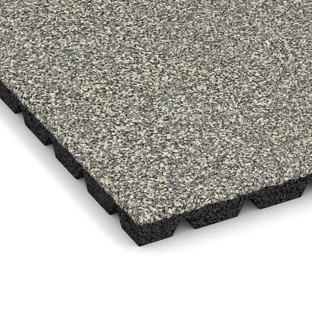 La vue détaillée sur les bords du produit WARCO 5327, Dalle amortissante, au format 500 x 500 x 30 mm, en couleur Granit clair.