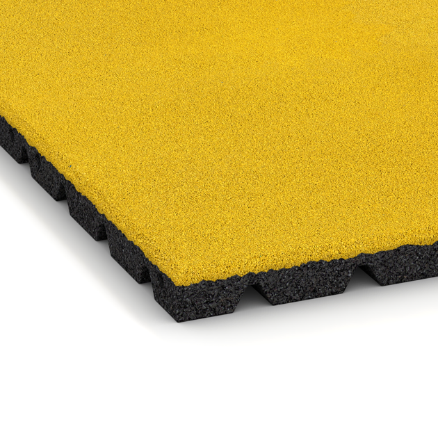 Detailaufnahme der Randausprägung von WARCO-Produkt 0546, Fallschutzplatte, Format 500 x 500 x 30 mm, Farbe Zitronengelb.