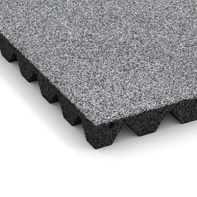 La vue détaillée sur les bords du produit WARCO 4475, Dalle amortissante, au format 500 x 500 x 45 mm, en couleur Gris mélange.