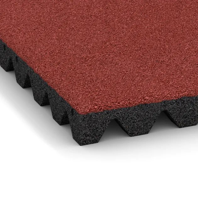 Detailaufnahme der Randausprägung von WARCO-Produkt 0680, Fallschutzplatte, Format 500 x 500 x 50 mm, Farbe Korallenrot.
