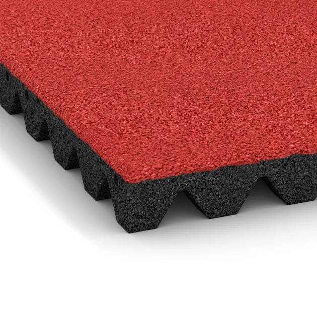 La vue détaillée sur les bords du produit WARCO 5572, Dalle amortissante 5 cm - EN 1177 ≤ 145 cm, au format 500 x 500 x 50 mm, en couleur Rouge corail.