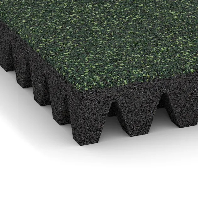 Detailaufnahme der Randausprägung von WARCO-Produkt 5365, Fallschutzplatte, Format 500 x 500 x 80 mm, Farbe Englischer Rasen.