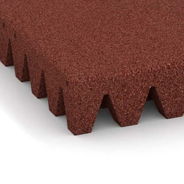 Detailaufnahme der Randausprägung von WARCO-Produkt 0727, Fallschutzplatte, Format 500 x 500 x 80 mm, Farbe Ziegelrot.
