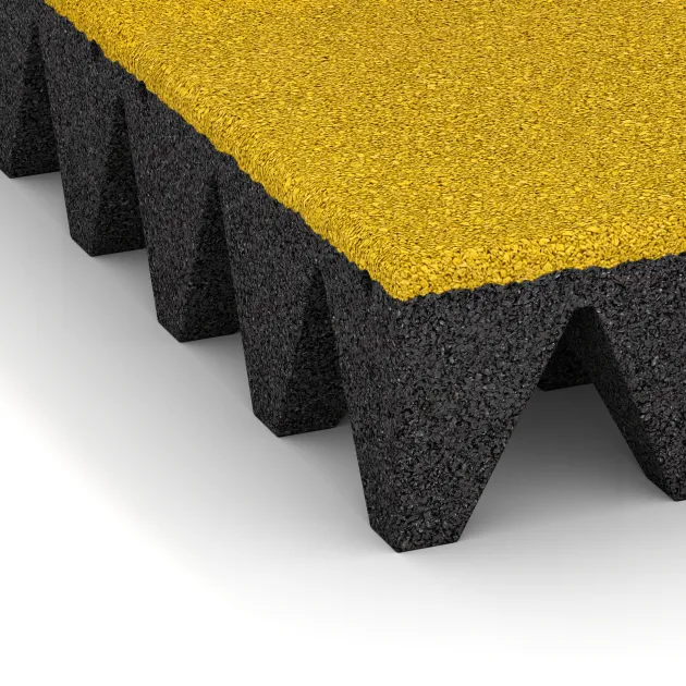 Detailaufnahme der Randausprägung von WARCO-Produkt 0740, Fallschutzplatte, Format 500 x 500 x 100 mm, Farbe Zitronengelb.