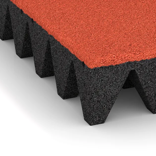 La vue détaillée sur les bords du produit WARCO 0742, Dalle amortissante, au format 500 x 500 x 100 mm, en couleur Rouge-Orange Clair.