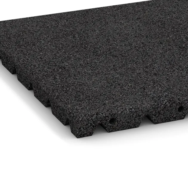 Detailaufnahme der Randausprägung von WARCO-Produkt 0520, Fallschutzplatte, Format 400 x 400 x 30 mm, Farbe Anthrazit.