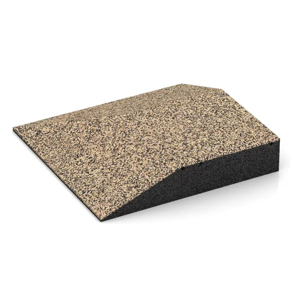 Detailaufnahme der Randausprägung von WARCO-Produkt 3822, Eck-Platte (zwei Seiten abgeschrägt), Format 500 x 500 x 100 mm, Farbe Travertin.