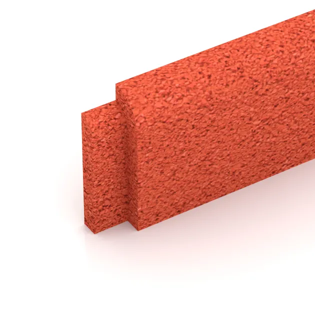 Detailaufnahme der Randausprägung von WARCO-Produkt 4285, Wandschutz Sockelleiste, Format 750 x 20 x 80 mm, Farbe Hellrot-Orange.