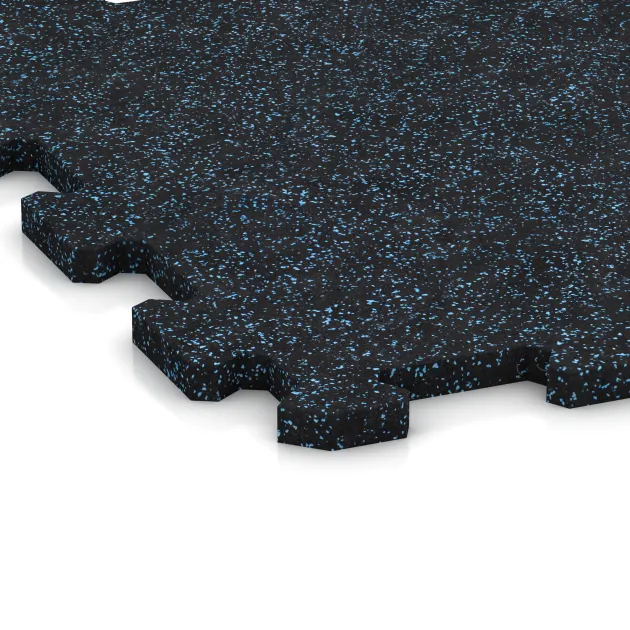 Detailaufnahme der Randausprägung von WARCO-Produkt 0993, Fitnessboden Kompakt, Format 485 x 485 x 16 mm | 0,235 m², Farbe Leicht Blau Gesprenkelt.