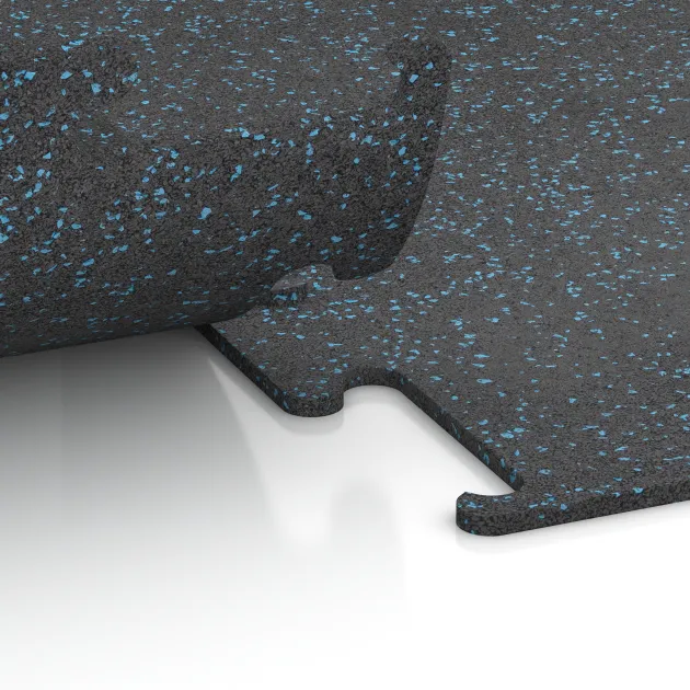 Detailaufnahme der Randausprägung von WARCO-Produkt 3766, Fitness Performance Elite Trainingsboden, Format 500 x 500 x 10 mm, Farbe Leicht Blau Gesprenkelt.