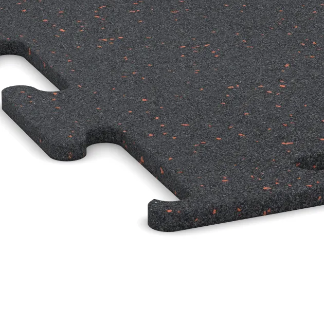Detailaufnahme der Randausprägung von WARCO-Produkt 3769, Fitness Performance Elite Trainingsboden, Format 500 x 500 x 15 mm, Farbe Leicht Rot Gesprenkelt.