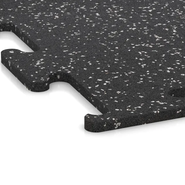 Detailaufnahme der Randausprägung von WARCO-Produkt 3780, Fitness Performance Elite Trainingsboden, Format 500 x 500 x 15 mm, Farbe Leicht Grau Gesprenkelt.