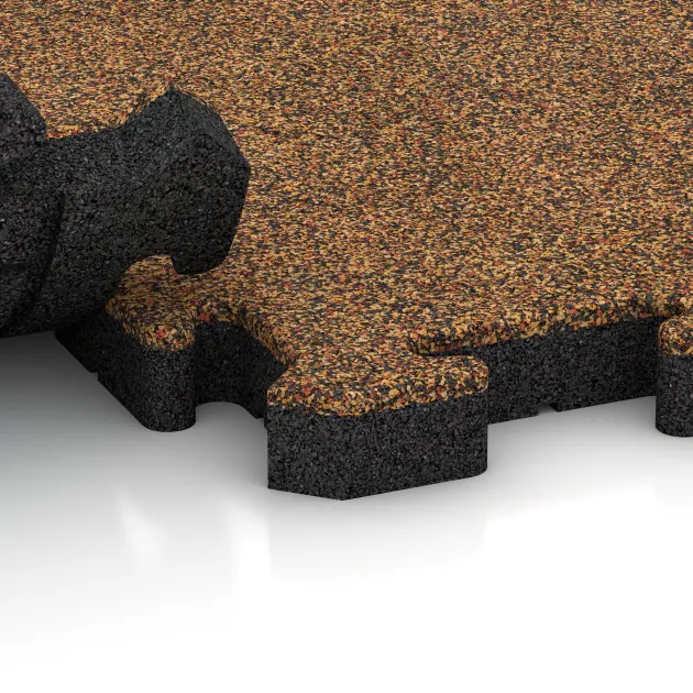 Le gros plan sur le système de connexion des revêtements de sol WARCO 3410 - Tapis de Protection Fitness HD en couleur Terre cuite. Les dimensions 1000 x 1000 x 40 mm.