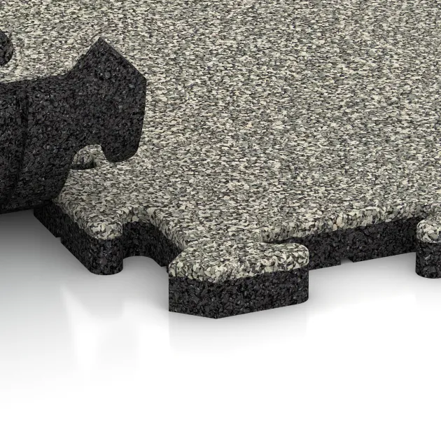 Großaufnahme vom Verbindungssystem von WARCO-Boden 5863 - Indoor-Klickfliese im Farbdesign Heller Granit. Abmessungen 500 x 500 x 30 mm.