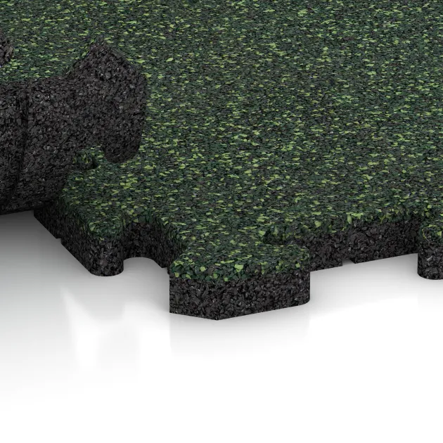 Großaufnahme vom Verbindungssystem von WARCO-Boden 2630 - Fallschutz-Puzzlematte im Farbdesign Englischer Rasen. Abmessungen 500 x 500 x 30 mm.