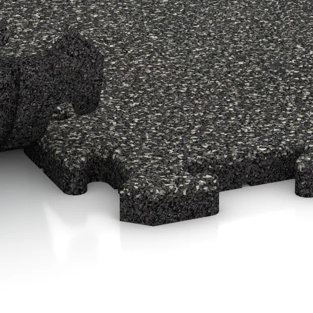 Le gros plan sur le système de connexion des revêtements de sol WARCO 3282 - Revêtement sportif pour chiens HD en couleur Granit foncé. Les dimensions 1000 x 1000 x 30 mm.