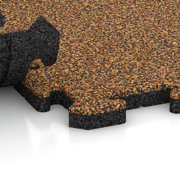 Le gros plan sur le système de connexion des revêtements de sol WARCO 3230 - Tapis de Protection Fitness HD en couleur Terre cuite. Les dimensions 1000 x 1000 x 30 mm.