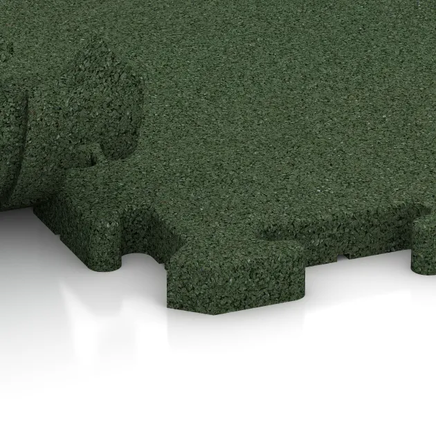 Großaufnahme vom Verbindungssystem von WARCO-Boden 3332 - Fitness-Bodenschutzmatte HD im Farbdesign Grasgrün. Abmessungen 1000 x 1000 x 30 mm.