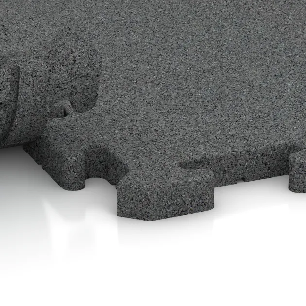 Le gros plan sur le système de connexion des revêtements de sol WARCO 3375 - Tapis de Protection Fitness en couleur Gris ardoise. Les dimensions 1000 x 1000 x 30 mm.