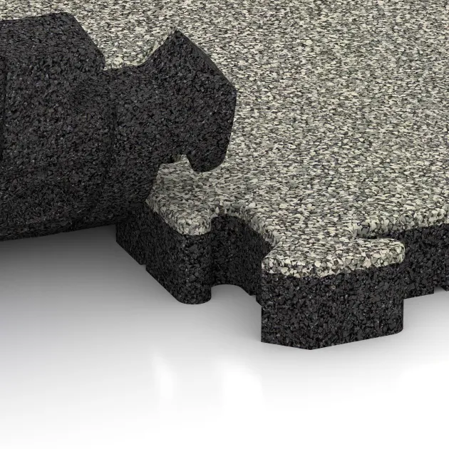 Großaufnahme vom Verbindungssystem von WARCO-Boden 4161 - Ballspielplatte HD im Farbdesign Heller Granit. Abmessungen 500 x 500 x 50 mm.