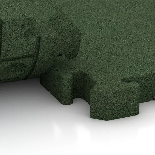 Großaufnahme vom Verbindungssystem von WARCO-Boden 4205 - Ballspielplatte HD im Farbdesign Grasgrün. Abmessungen 500 x 500 x 50 mm.