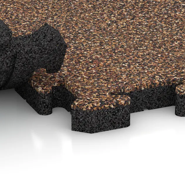 Großaufnahme vom Verbindungssystem von WARCO-Boden 4946 - Randplatte im Farbdesign Bast & Borke. Abmessungen 500 x 235 x 40 mm.