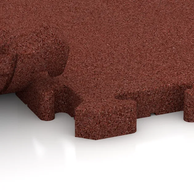 Großaufnahme vom Verbindungssystem von WARCO-Boden 5218 - Eckplatte im Farbdesign Ziegelrot. Abmessungen 235 x 235 x 40 mm.