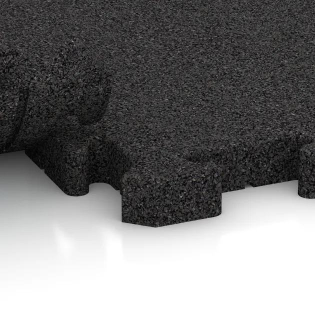Le gros plan sur le système de connexion des revêtements de sol WARCO 5163 - Dalle d’angle HD en couleur Anthracite. Les dimensions 485 x 485 x 40 mm.