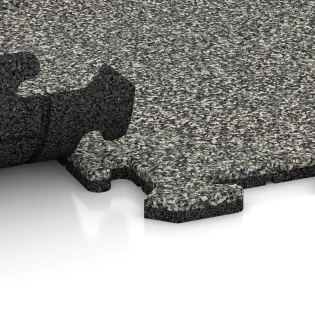 Großaufnahme vom Verbindungssystem von WARCO-Boden 0055 - Spielmatte im Farbdesign Grauer Granit. Abmessungen 500 x 500 x 18 mm.