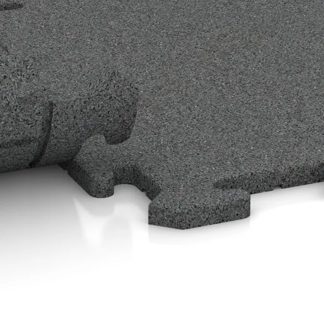 Großaufnahme vom Verbindungssystem von WARCO-Boden 3917 - Spielmatte im Farbdesign Schiefergrau. Abmessungen 500 x 500 x 18 mm.