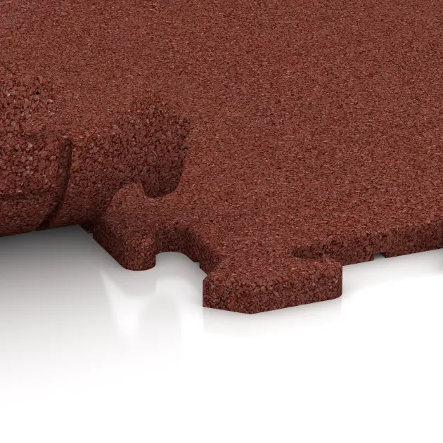 Großaufnahme vom Verbindungssystem von WARCO-Boden 4244 - Sportboden‑Platte 1,8 cm im Farbdesign Ziegelrot. Abmessungen 1000 x 1000 x 18 mm.