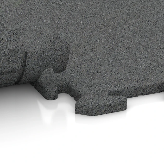 Großaufnahme vom Verbindungssystem von WARCO-Boden 0373 - Bodenschutzmatte 1,8 cm – Fitness im Farbdesign Schiefergrau. Abmessungen 100 x 100 x 1,8 cm | 1,00 m².