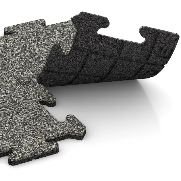 Großaufnahme vom Verbindungssystem von WARCO-Boden 4690 - Randplatte im Farbdesign Grauer Granit. Abmessungen 500 x 235 x 18 mm.