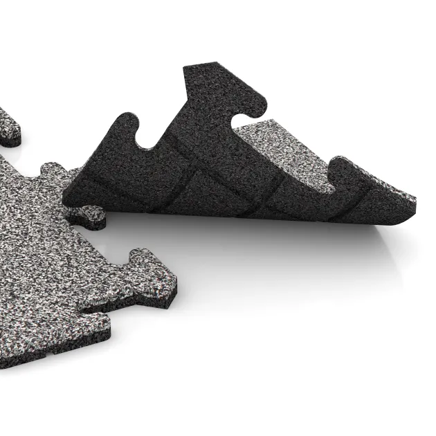 Großaufnahme vom Verbindungssystem von WARCO-Boden 4682 - Eckplatte im Farbdesign Grau Melange. Abmessungen 235 x 235 x 18 mm.