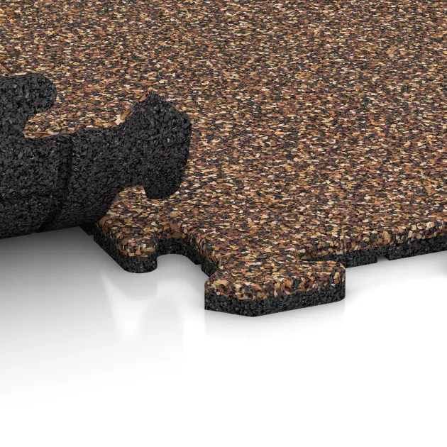 Großaufnahme vom Verbindungssystem von WARCO-Boden 4770 - Eckplatte im Farbdesign Bast & Borke. Abmessungen 485 x 485 x 18 mm.