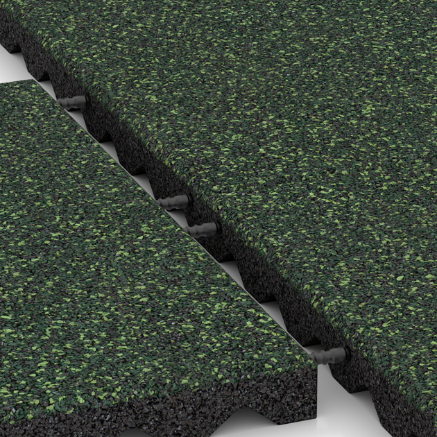 Großaufnahme vom Verbindungssystem von WARCO-Boden 5344 - Fallschutzplatte im Farbdesign Englischer Rasen. Abmessungen 500 x 500 x 40 mm.