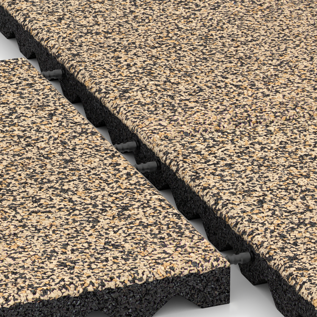 Großaufnahme vom Verbindungssystem von WARCO-Boden 5335 - Fallschutzplatte im Farbdesign Travertin. Abmessungen 500 x 500 x 40 mm.