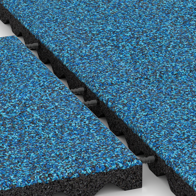 Le gros plan sur le système de connexion des revêtements de sol WARCO 5347 - Dalle amortissante en couleur Atlantique. Les dimensions 500 x 500 x 40 mm.