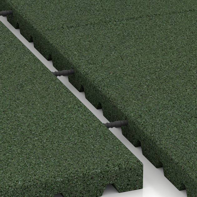 Le gros plan sur le système de connexion des revêtements de sol WARCO 0782 - Dalle anti-choc en couleur Vert gazon. Les dimensions 1000 x 1000 x 40 mm.