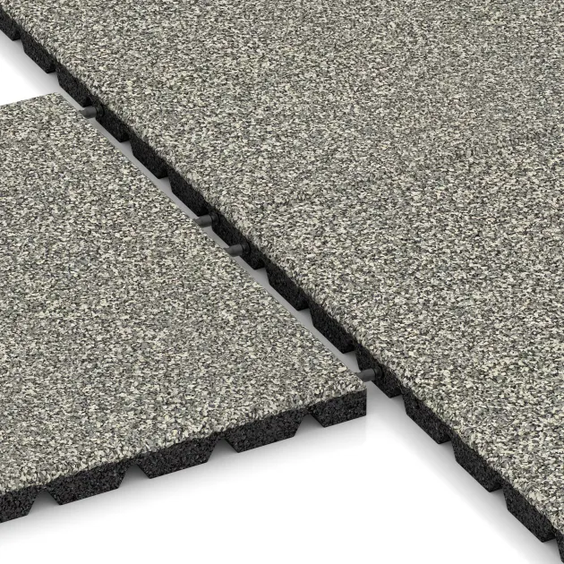 Le gros plan sur le système de connexion des revêtements de sol WARCO 5327 - Dalle amortissante en couleur Granit clair. Les dimensions 500 x 500 x 30 mm.