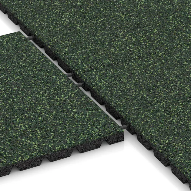 Le gros plan sur le système de connexion des revêtements de sol WARCO 5493 - Dalle amortissante 3 cm - EN 1177 ≤ 100 cm en couleur Pelouse anglaise. Les dimensions 500 x 500 x 30 mm.