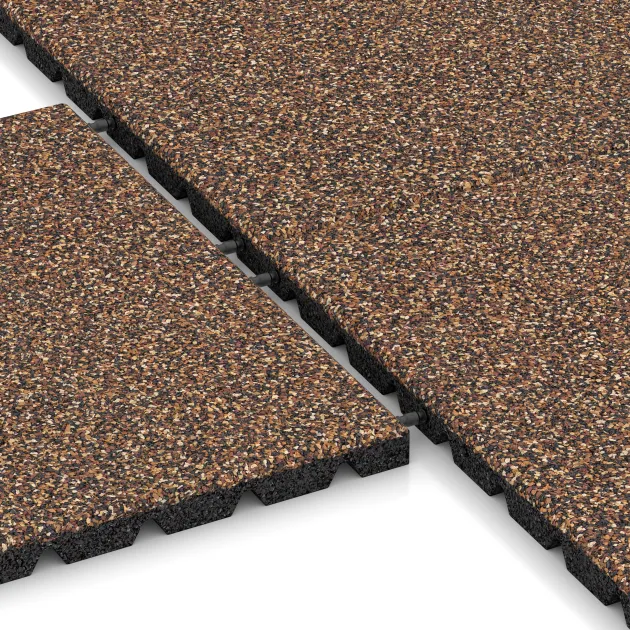 Le gros plan sur le système de connexion des revêtements de sol WARCO 5332 - Dalle amortissante en couleur Café au lait. Les dimensions 500 x 500 x 30 mm.