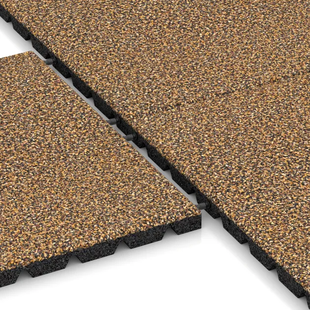 Le gros plan sur le système de connexion des revêtements de sol WARCO 5324 - Dalle amortissante en couleur Maroc. Les dimensions 500 x 500 x 30 mm.