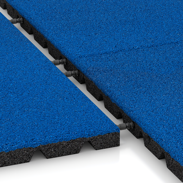 Le gros plan sur le système de connexion des revêtements de sol WARCO 0539 - Dalle amortissante en couleur Bleu Gentiane. Les dimensions 500 x 500 x 30 mm.