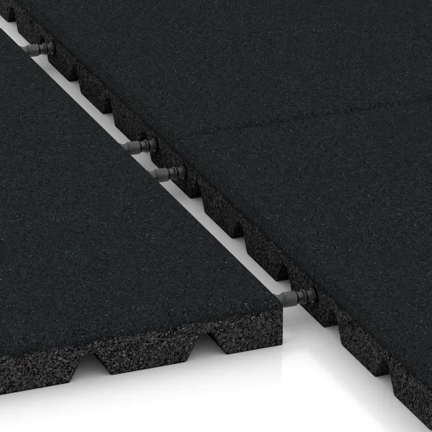 Großaufnahme vom Verbindungssystem von WARCO-Boden 5469 - Fallschutzplatte 3 cm - EN 1177 ≤ 100 cm im Farbdesign Eisengrau. Abmessungen 500 x 500 x 30 mm.