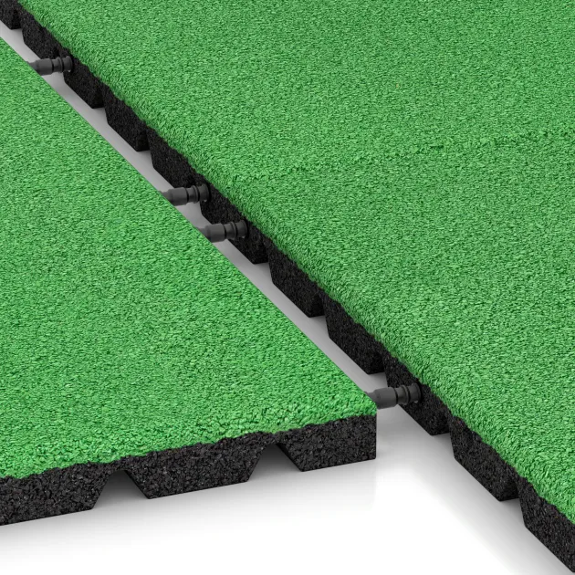 Le gros plan sur le système de connexion des revêtements de sol WARCO 0545 - Dalle amortissante en couleur Vert Mai. Les dimensions 500 x 500 x 30 mm.