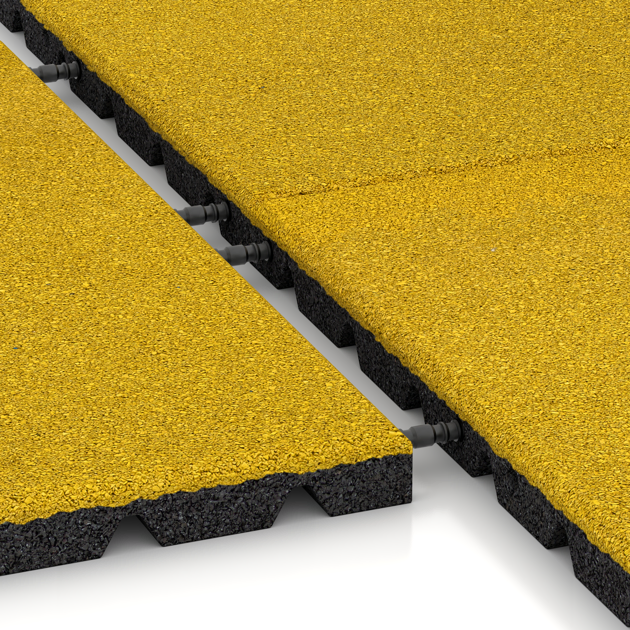 Großaufnahme vom Verbindungssystem von WARCO-Boden 0546 - Fallschutzplatte im Farbdesign Zitronengelb. Abmessungen 500 x 500 x 30 mm.