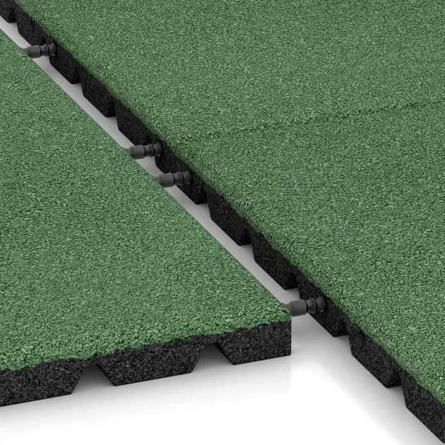 Großaufnahme vom Verbindungssystem von WARCO-Boden 0547 - Fallschutzplatte im Farbdesign Blassgrün. Abmessungen 500 x 500 x 30 mm.