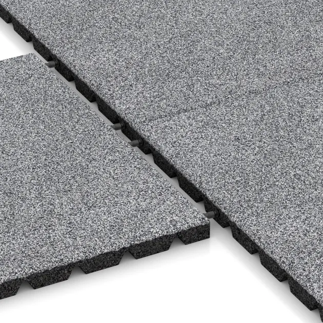 Le gros plan sur le système de connexion des revêtements de sol WARCO 5476 - Dalle amortissante 3 cm - EN 1177 ≤ 100 cm en couleur Gris mélange. Les dimensions 500 x 500 x 30 mm.