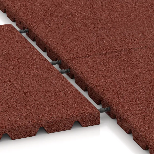 Großaufnahme vom Verbindungssystem von WARCO-Boden 0575 - Fallschutzplatte im Farbdesign Ziegelrot. Abmessungen 500 x 500 x 30 mm.
